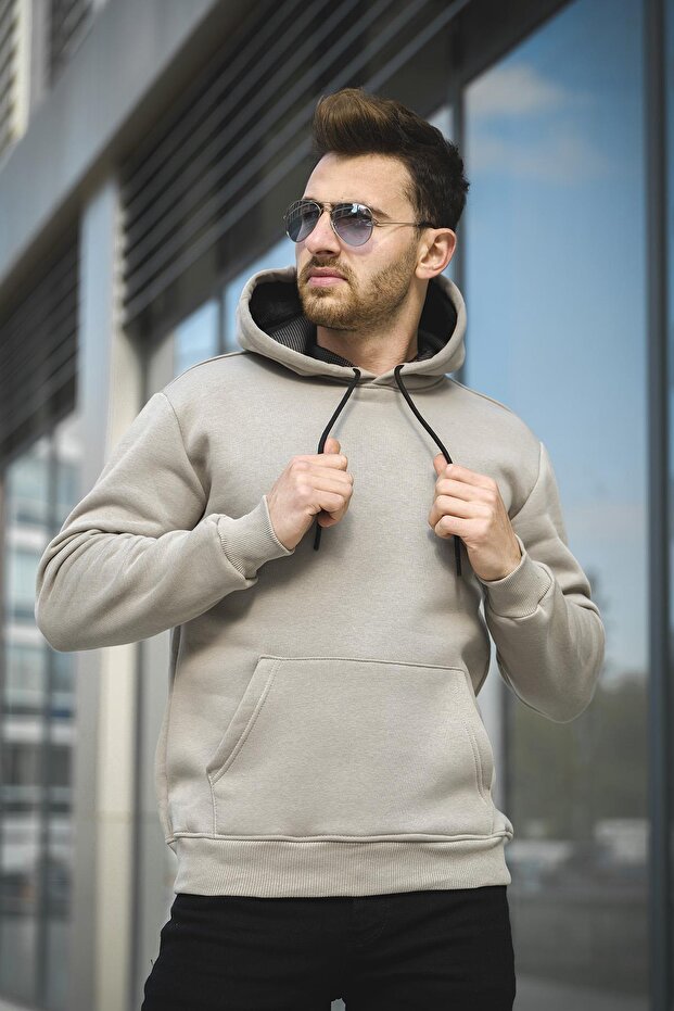 Janvier Dar Kesim Üç İplik Şardonlu Kapüşonlu Basic Erkek Sweatshirt - 2