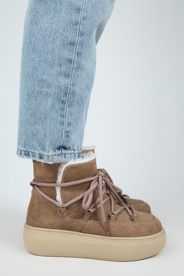 Haven Women's Genuine Leather Lace-Up Mink Boots with Fur Inside