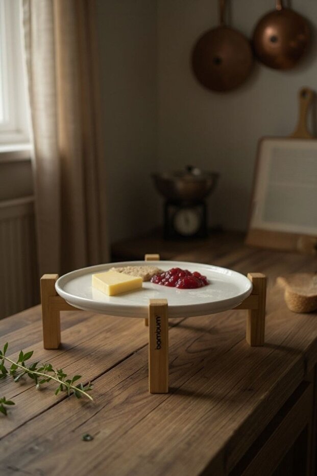 Alpina Bambu Ayaklı Seramik Sunum Tabağı 26cm, Servis Tabağı, Dekoratif Tatlı ve Kahvaltı Tabağı - 4