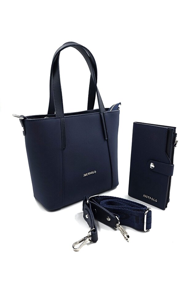 Justpolo Women's Navy Blue 4 Compartment Bag Wallet Set