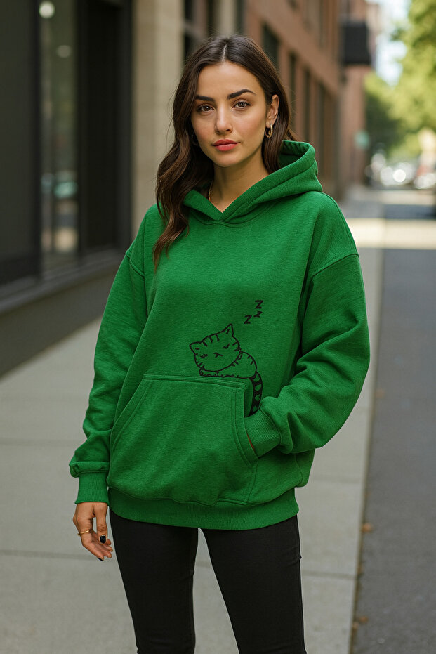 Cat Printed Hooded Pocket