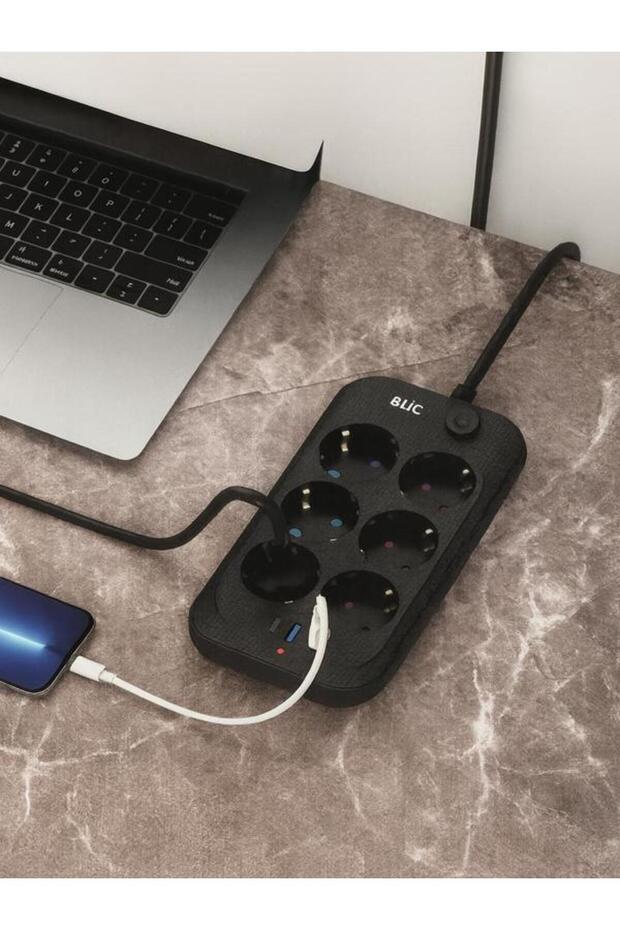 Akım Korumalı 6’lı Priz 2 USB-A + 1 USB-C Çıkışlı Isıya Dayanıklı Çoklu Akıllı Priz - 3
