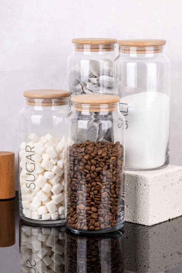 4-Piece Wooden Vacuum Lid Glass Jar Set Tea Sugar Coffee Salt Storage Container with Label Gift 1300 ml