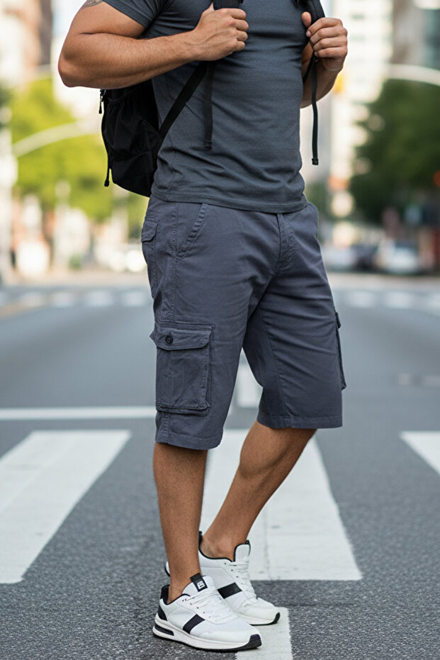 Likralı Gabardin Bermuda Şort - Erkek Şort - Kapri Şort- Gri - Antrasit - 1