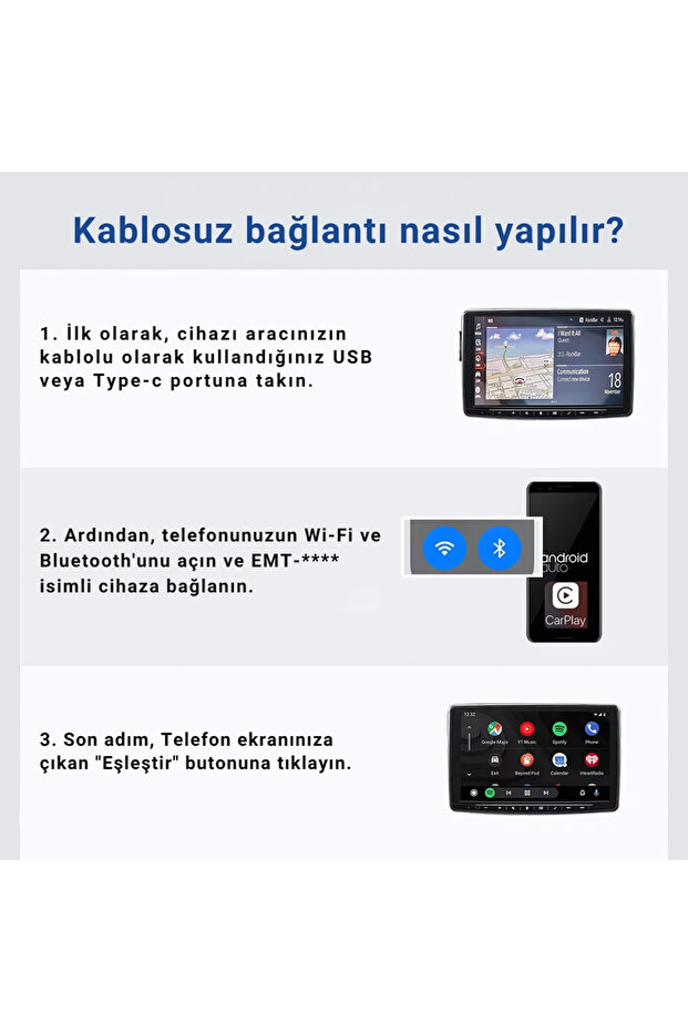 Araç Içi 2in1 Android Ve Apple Cihazlar Için Kablosuz CarPlay Ve Android Auto Adaptörü (EMT-001) - 4