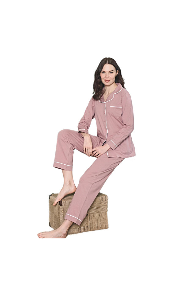Over Sleep 1938 Kadın Yazlık Uzun Kol Modal Dört Mevsim Pijama Takım - 1