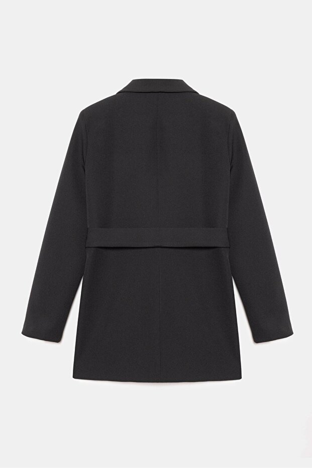 Siyah Kadın Tek Düğmeli Dokuma Kruvaze Blazer Ceket - Kuşaklı - 6