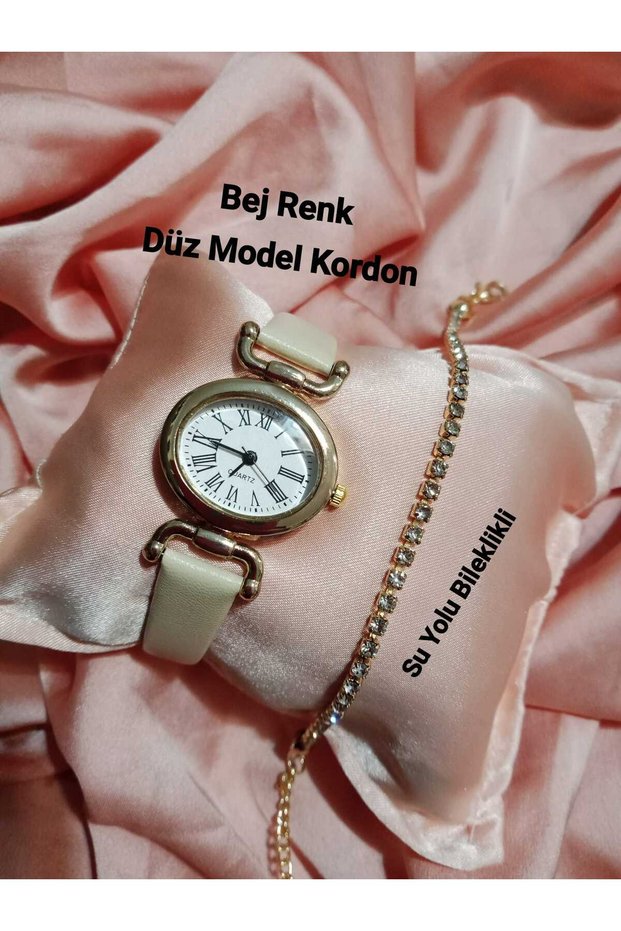 Vintage Oval Model Women's Wristwatch Beige Color Strap New Season Gold