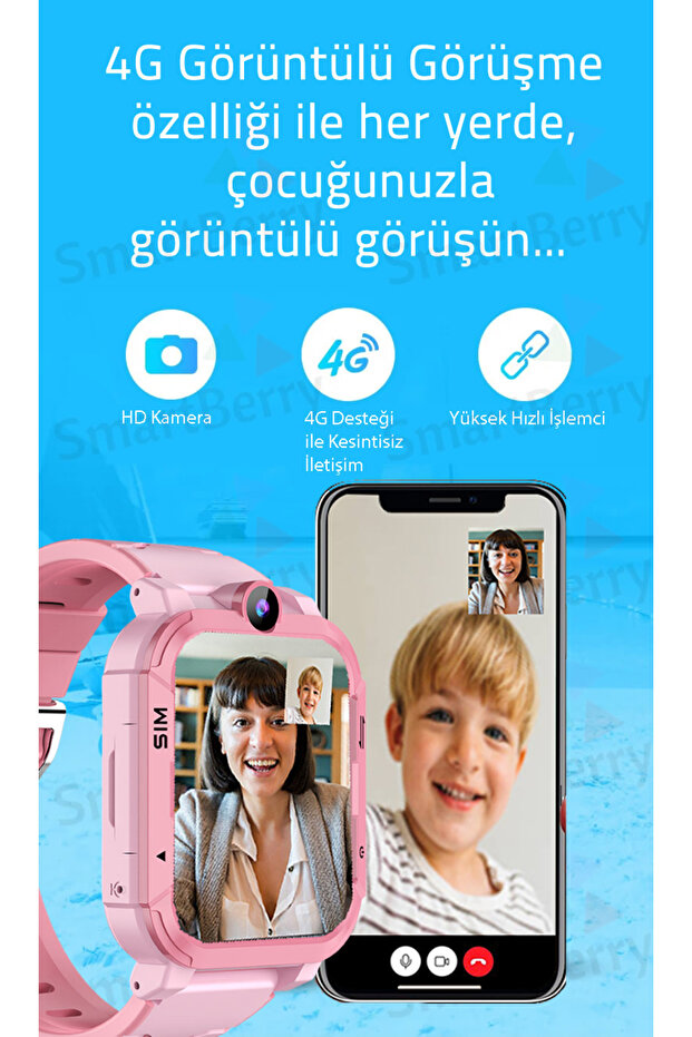 Z34 Görüntülü Görüşme Gps Wıfı Net Konum Gizli Dinleme Akıllı Çocuk Takip Saati Sim Kartlı - Mavi - 3