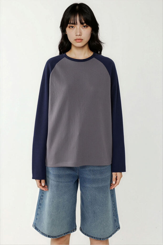 Bisiklet Yaka Raglan Uzun Kol Waffle Üst - 5