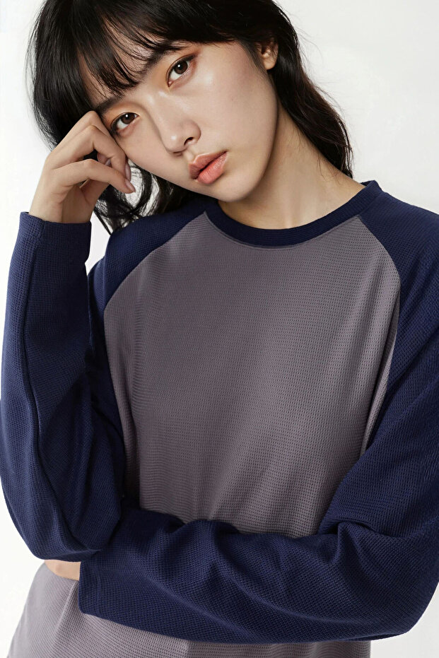 Bisiklet Yaka Raglan Uzun Kol Waffle Üst - 4