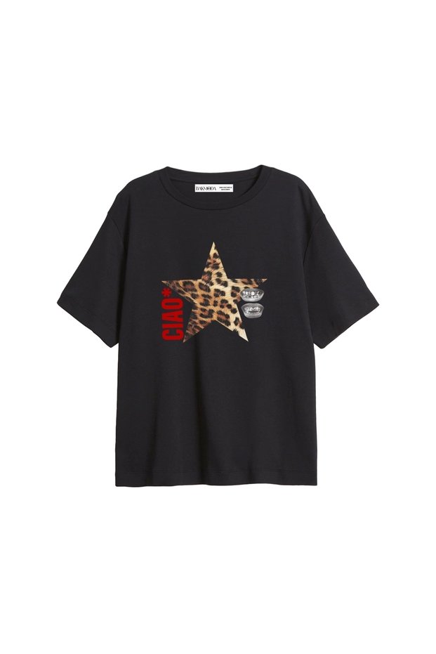 Ciao Star Printed Relaxed Fit Black Women's Tshirt