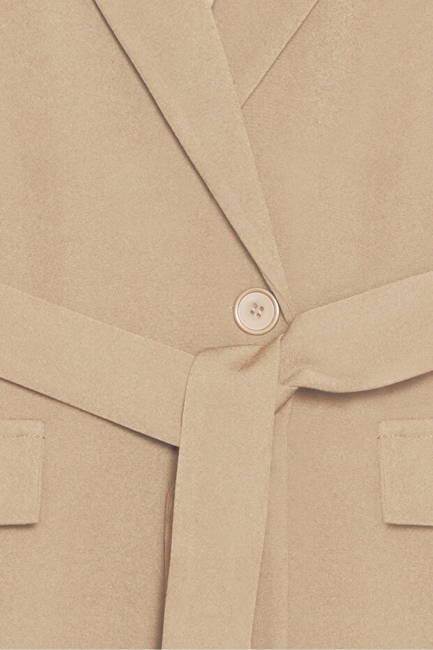 Vizon Kadın Tek Düğmeli Dokuma Kruvaze Blazer Ceket - Kuşaklı - 4