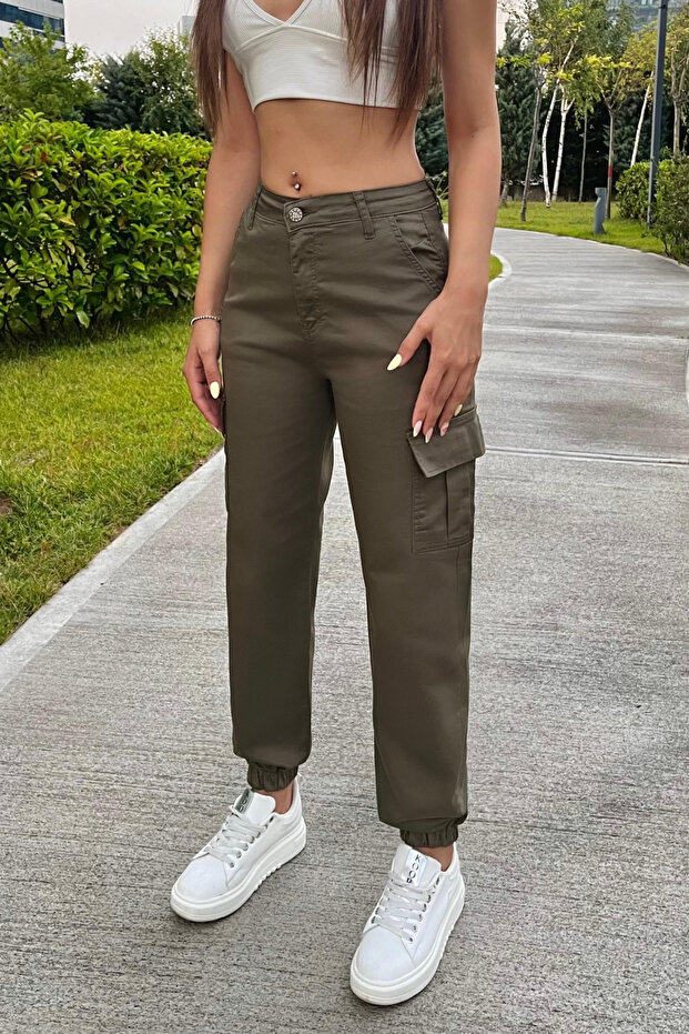 Haki Kargo Cepli Gabardin Kumaş Pantolon - 1
