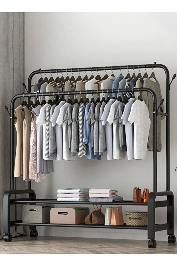 منظم علاقة ملابس معدن وحامل ملابس أسود بعجلات 110x55x150 سم - 6