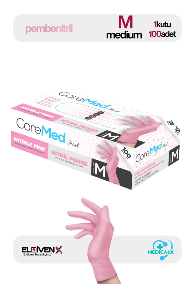 Toz Pembe nitril pudrasız eldiven 100 lü Medium - 1