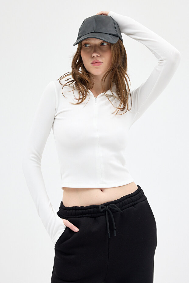 2447 Bluză cu mânecă lungă cu fermoar Ecru - 2