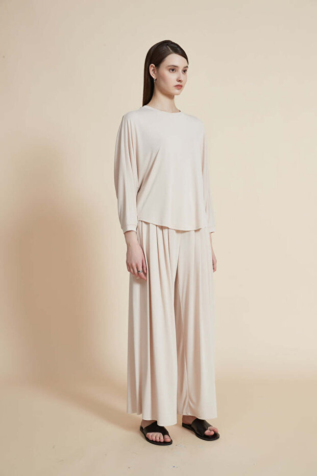 بلوزة سادة مضلعة بأكمام طويلة - 3