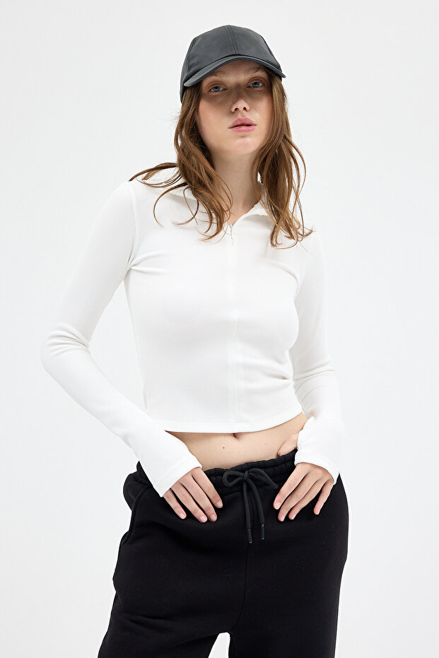 2447 Bluză cu mânecă lungă cu fermoar Ecru - 1
