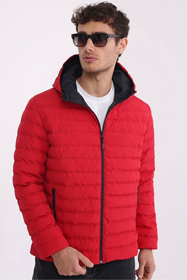 Men's Red Lined Windproof Hooded Winter Jacket - 1