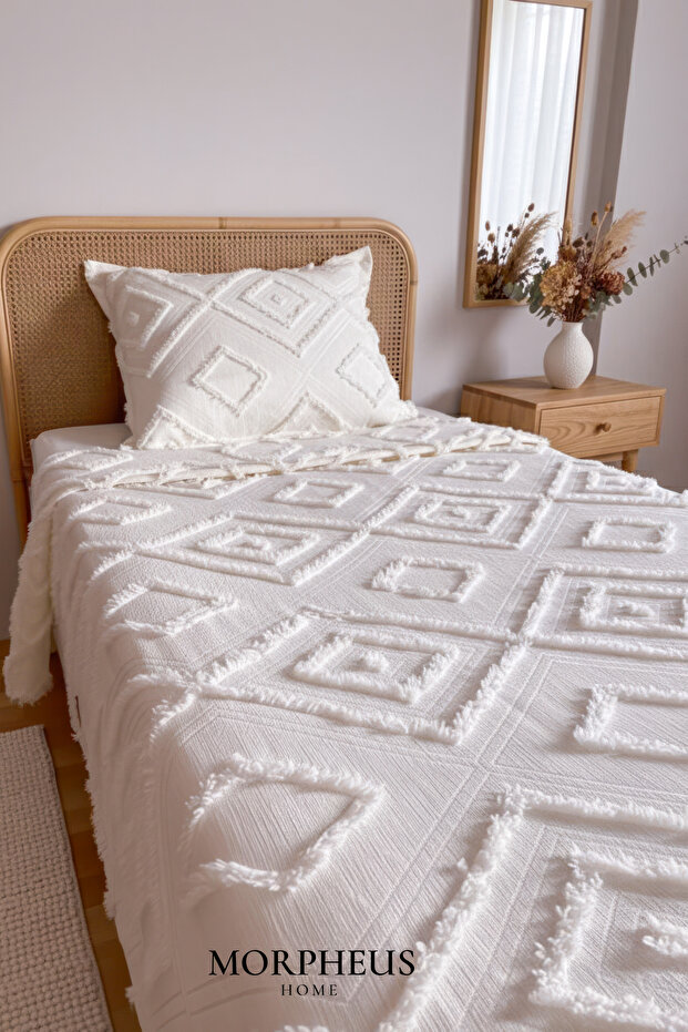 İskandinav Püsküllü Tek Kişilik Yatak Örtüsü Ekru 180 x 250 Tek Yastık - 6