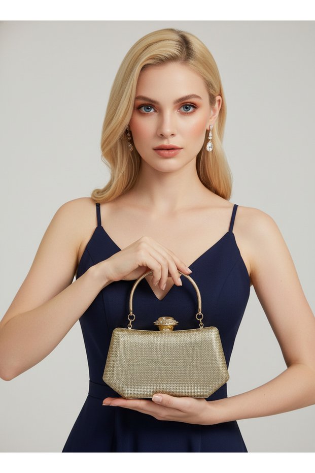 Rosegold Color Stone Pearl Detailed Handle Women's Evening Dress Bag