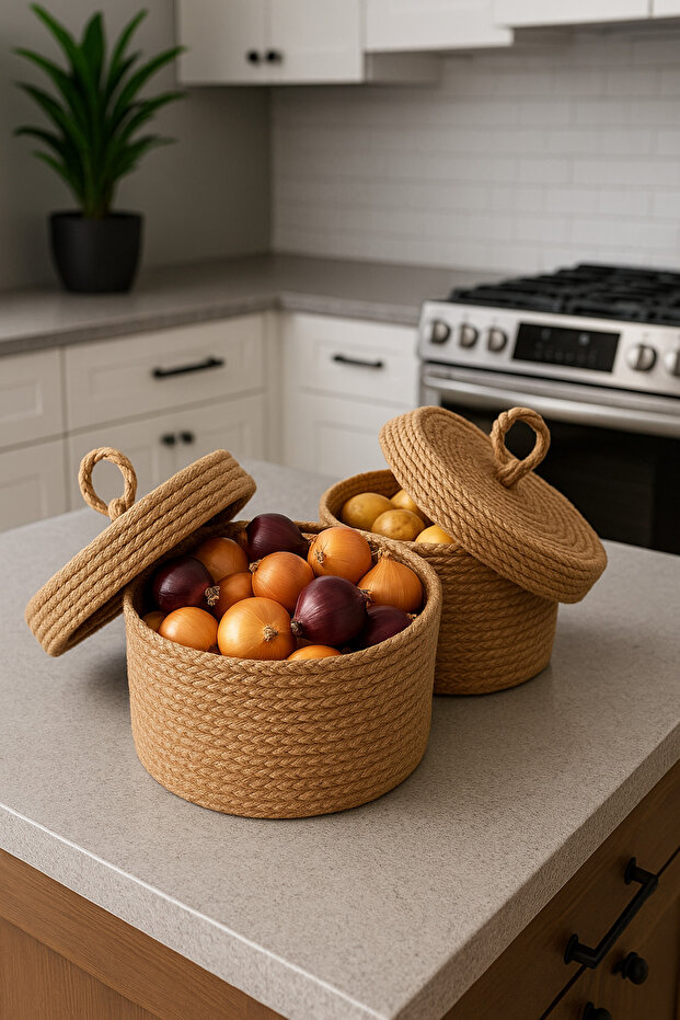 Set of 2 Natural Jute Wicker Baskets – Multi-Purpose Organizer for Vegetables, Fruits, Bathroom & Kitchen | 25X25X15
