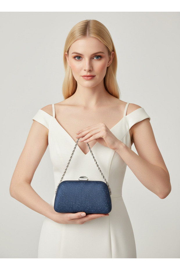 Navy Blue Color Stone Pearl Detailed Chain Handle Women's Evening Dress Bag Wedding Engagement Graduation