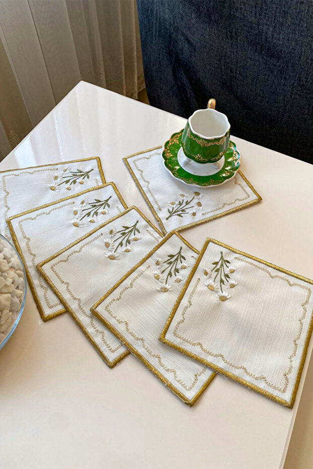 Papatya 6-Piece Special Embroidered Linen Coffee Serving Napkins, Cocktail Napkins, Party Napkins-Gold