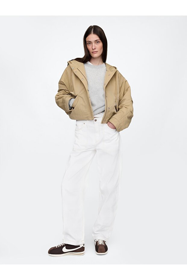 Kadın Bej Kapüşonlu Crop Ceket - 6