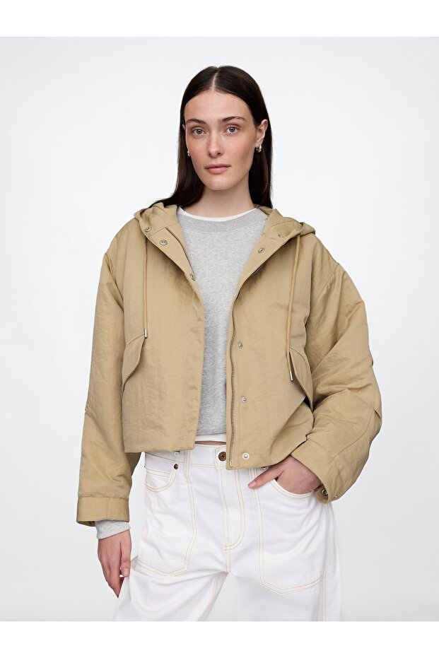 Kadın Bej Kapüşonlu Crop Ceket - 1