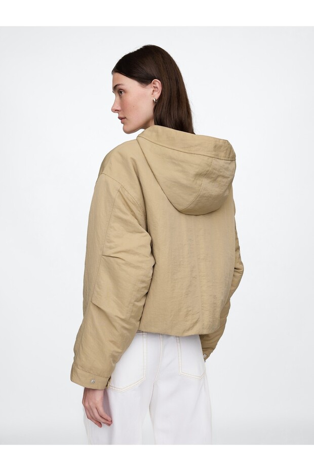 Kadın Bej Kapüşonlu Crop Ceket - 5