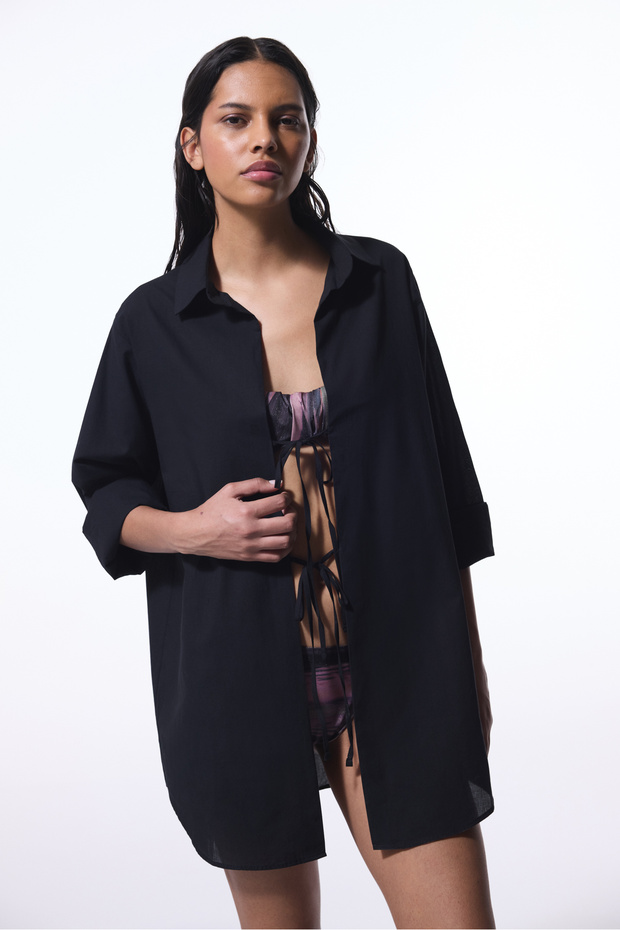 Berry Siyah Bağlama Detaylı Oversize Gömlek - 4