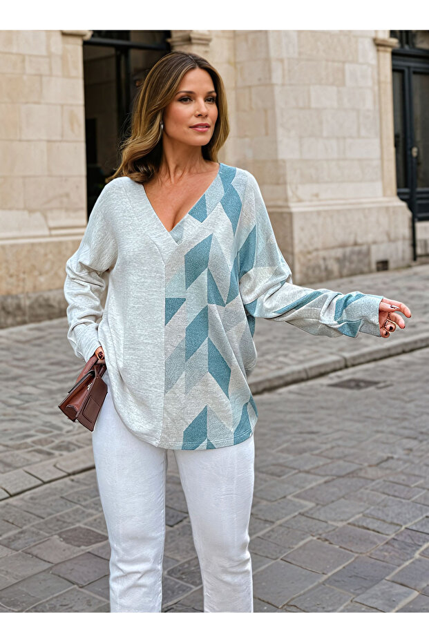 Women's Petrol Green Beige Loose Oversized Wide Cut V-Neck Soft Texture Acrylic Sweater 3481264