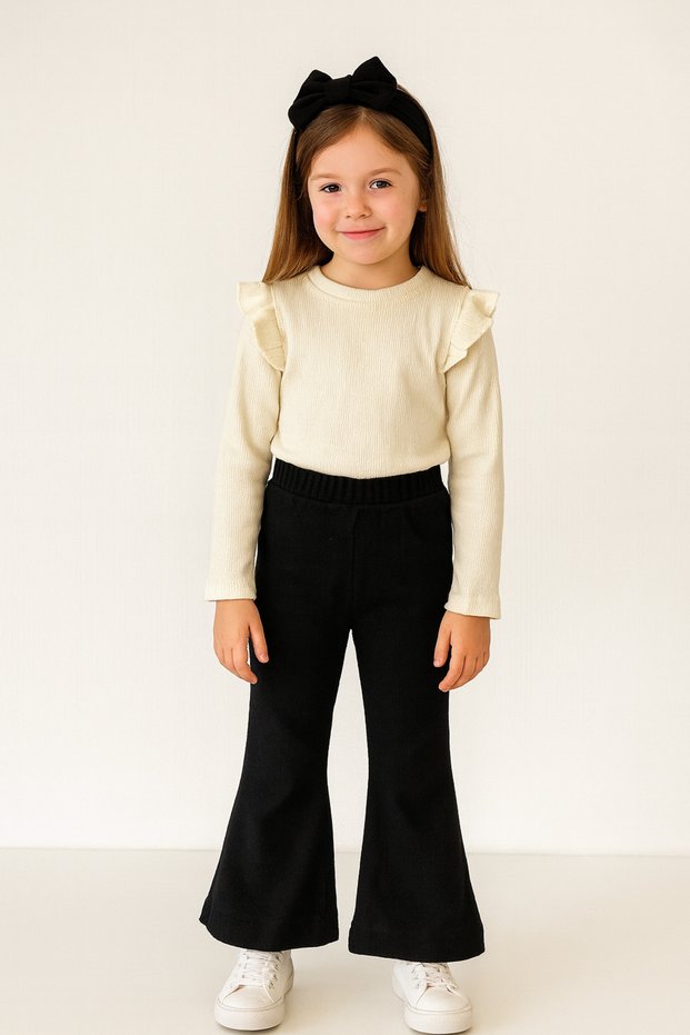 Girl's Cream Long Sleeve T-Shirt and Black Leggings Headband Set - Casual, Stylish, and Comfortable Combination