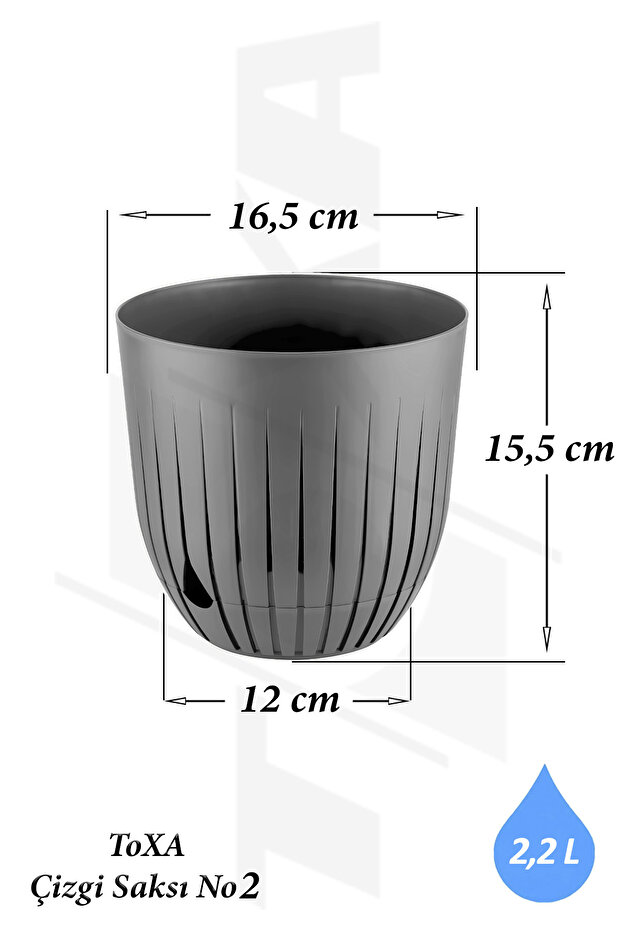 5 Adet Çizgi Saksı Seti 2 Litre Plastik Delikli Tabaklı Çiçek Saksısı Set - 2
