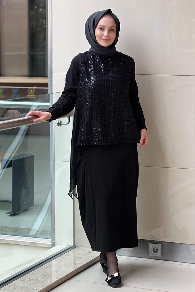 Sequin Detailed Asymmetrical Skirt Suit