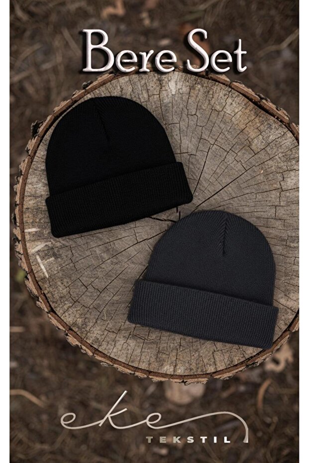 Unisex Folded ANTHRACITE, BLACK 2-Piece Beret Set EKEBERESETİ2LIYENI