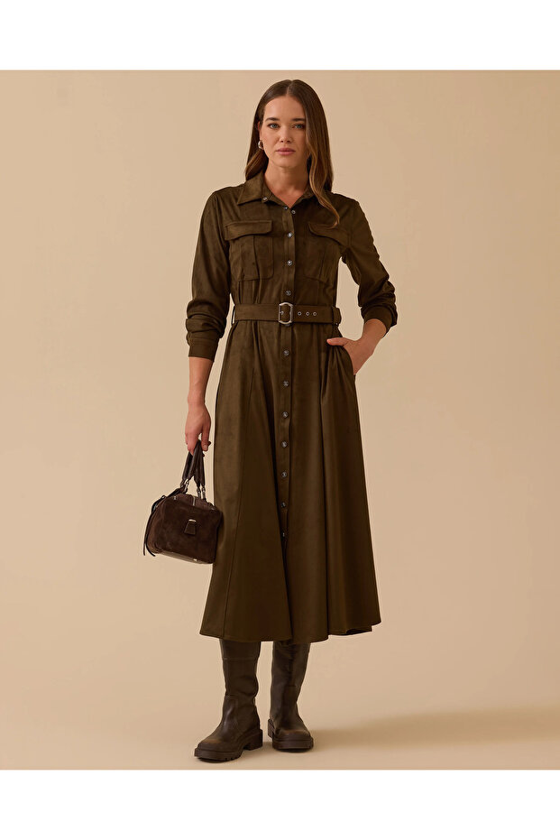 Kemerli Süet Elbise - 1