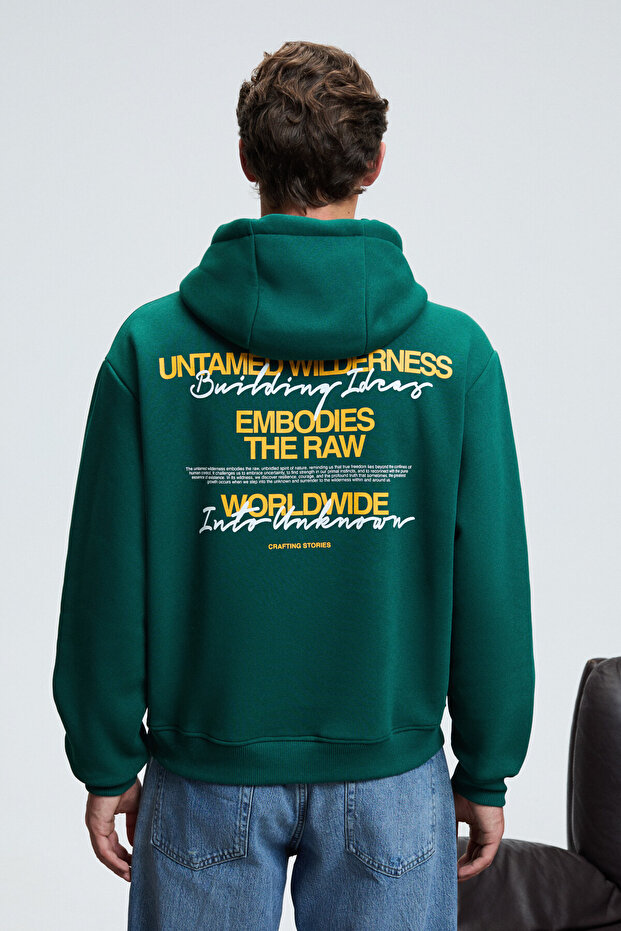 PASCAL Erkek Kapüşonlu Kanguru Cepli Önü Ve Sırtı Baskılı Regular Fit Yeşil Sweatshirt - 4