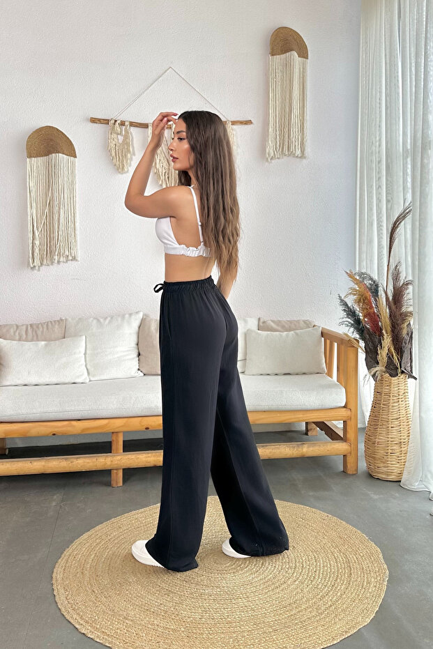 Leinen Sommerhose für Damen - Elastischer Bund, Taschen, Weiter Schnitt - 7