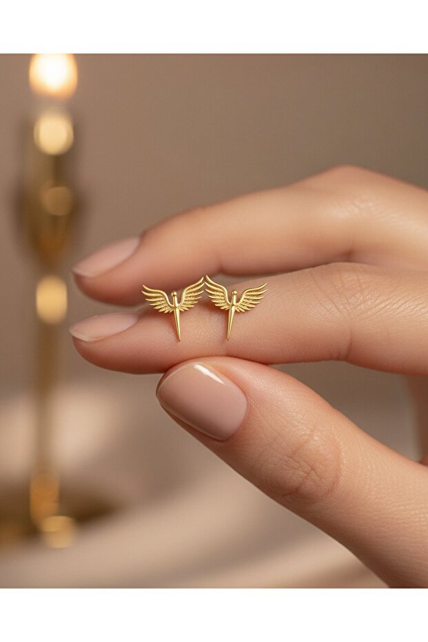 Sade Minik Mikail Meleği 14 Ayar Altın Küpe - 1