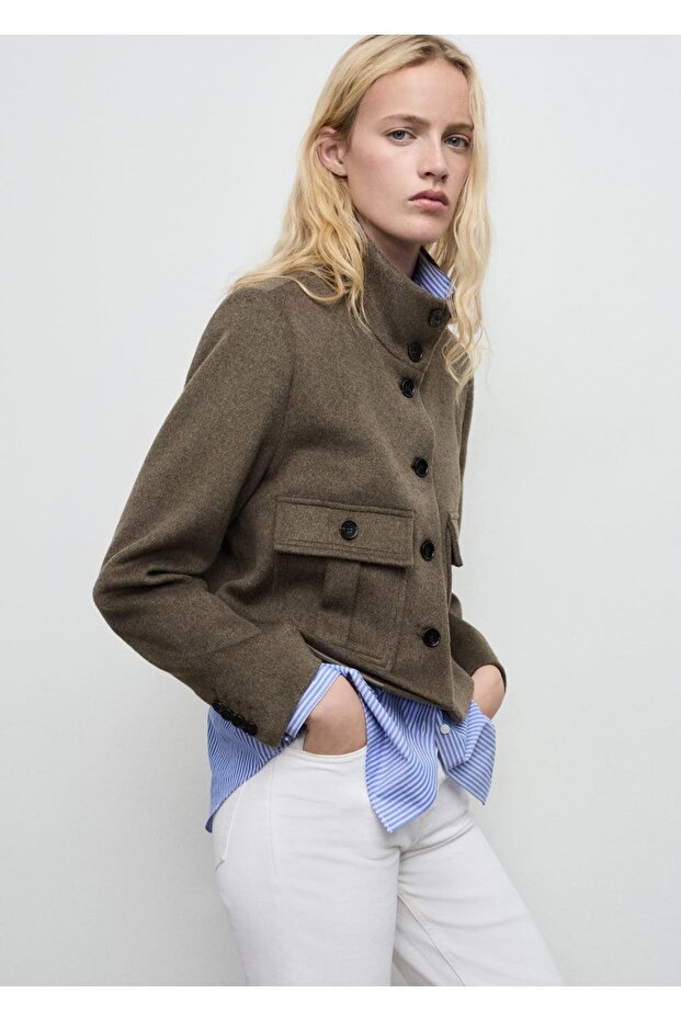 Wool Blend Jacket with Pockets - 7