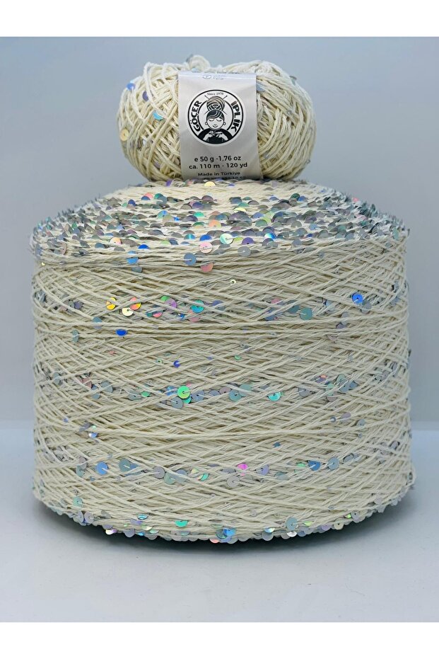 خيط حياكة / خيط تريكو 100% قطن بلون كريمي 3+6 فضي مع رقائق فضية كبيرة 50 جرام × 2 = 100 جرام - 1