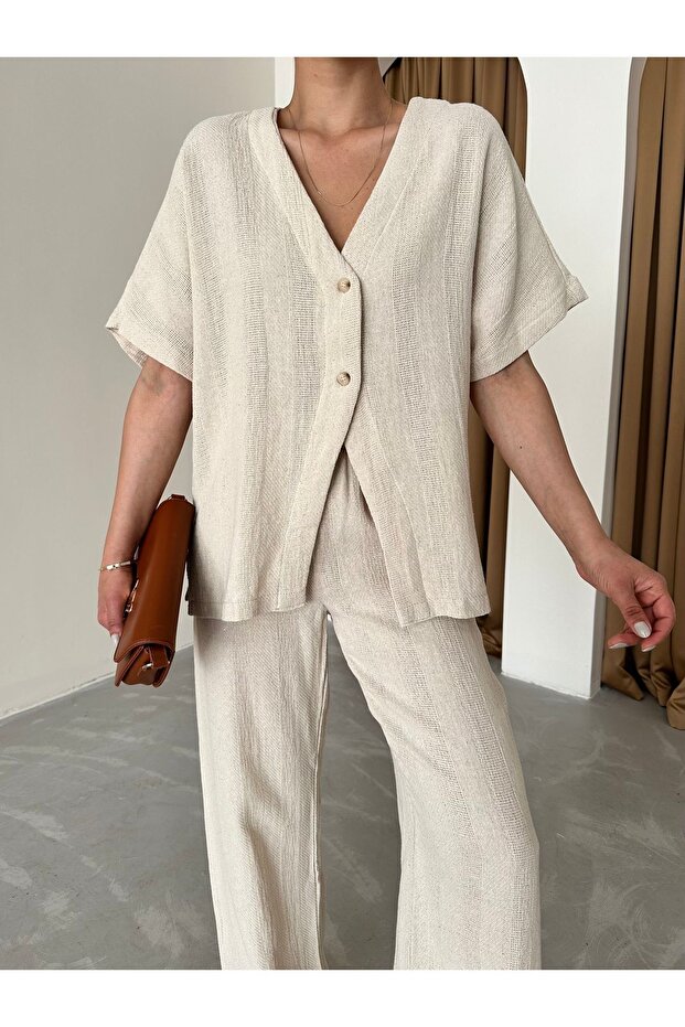 Beige Straw Linen Shirt Pants Set