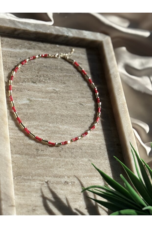 Women's Red Colorful Handmade Pipe Bead Necklace