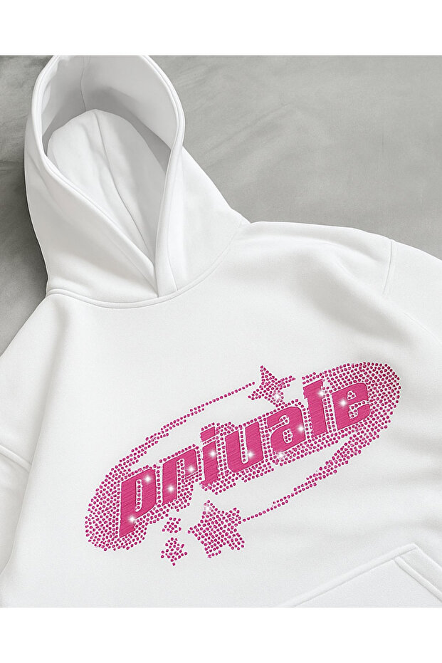 Private Detail Glitter Stone Printed Unisex Oversize Hoodie