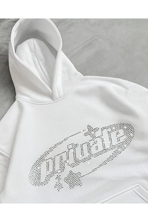 Private Detail Glitter Stone Printed Unisex Oversize Hoodie