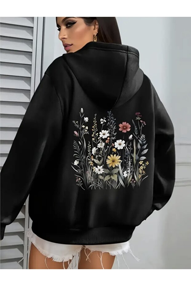 Flower Back Printed Oversize Unisex Women's Kangaroo Pocket Hooded Sweatshirt