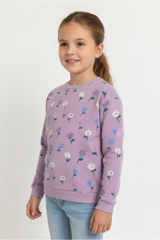 100% Cotton Heart Printed Girls' Sweatshirt - Lila